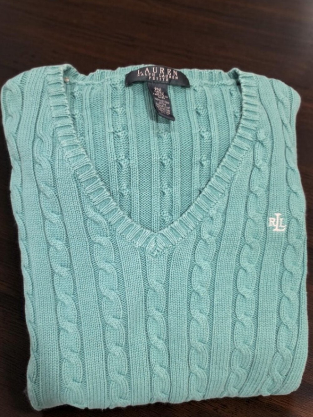 Ralph Lauren Momen’s Cable V-Neck Sweater - Mint-Size-PM